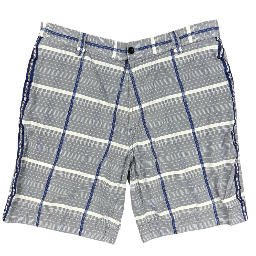 Robert Graham Mens Blue White Plaid Floral Trim Cotton Shorts Size 36
